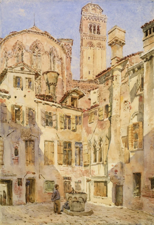 a painting of a courtyard with a man playing on the steps