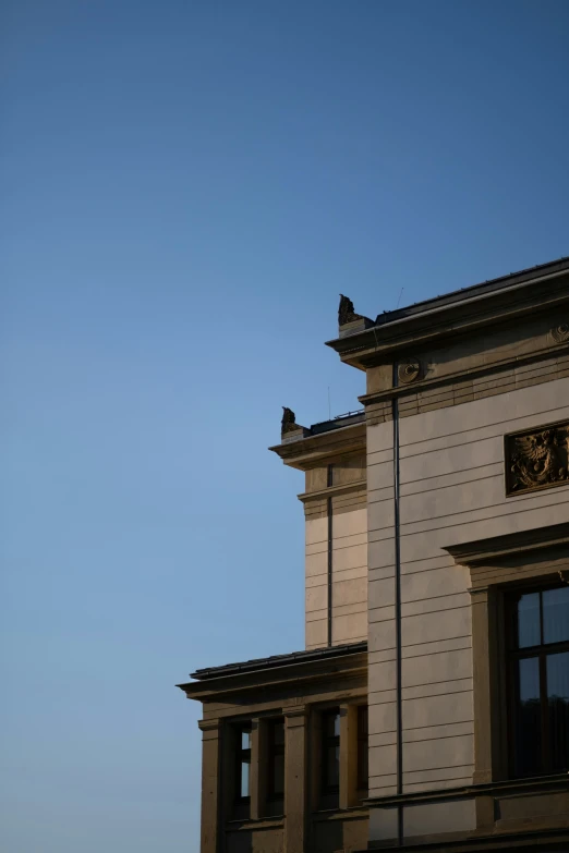 two birds sitting on top of a building