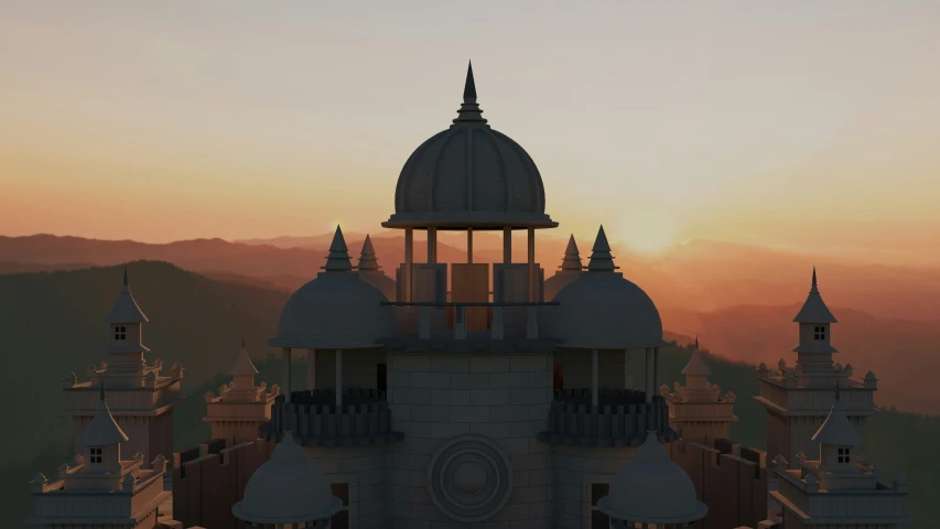the sun setting behind an ornate building with spires