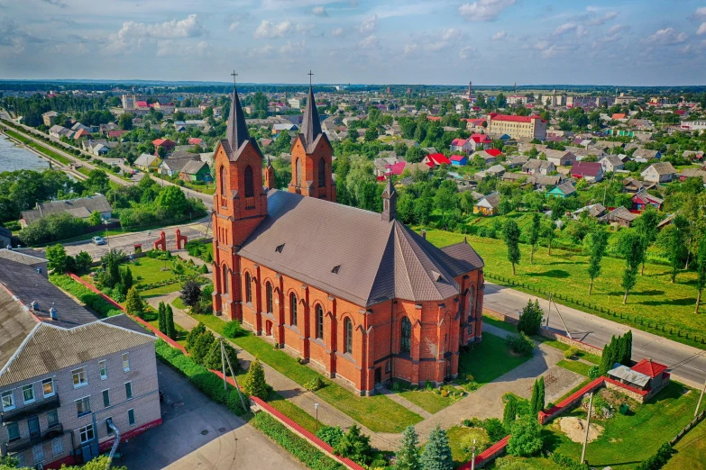 an aerial view of some large old buildings