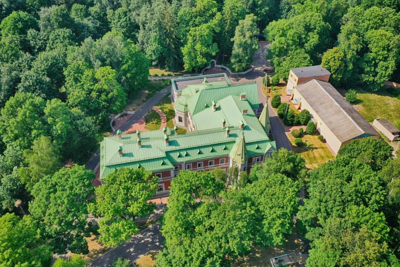 this aerial po shows the top floors of a large mansion