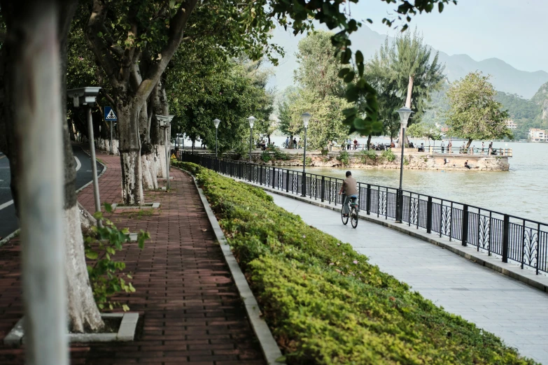 people are riding bikes along the side walk near water