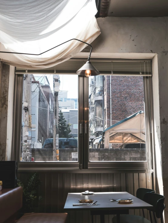 the view from inside of an empty restaurant