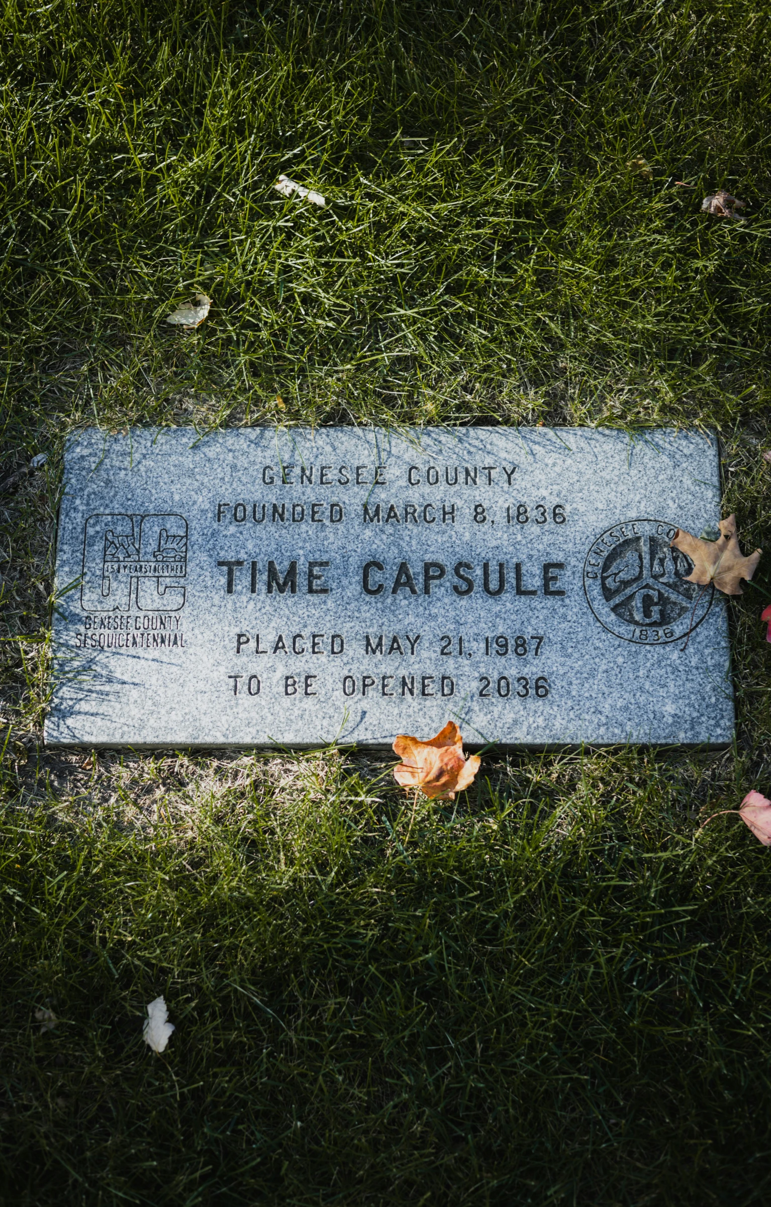 a plaque laying on top of a grass field