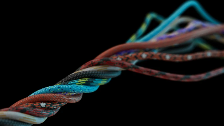 a colorful abstract line of thin curved ropes
