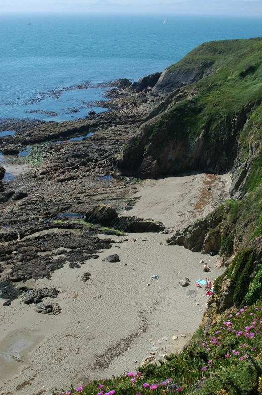 several people are laying down on a rocky beach