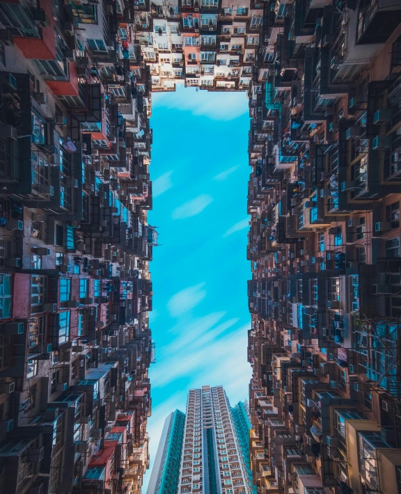 there is a picture of a tall building taken from the ground