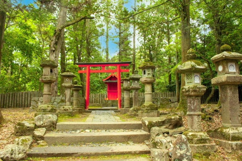 steps lead to stone lanterns and red gates