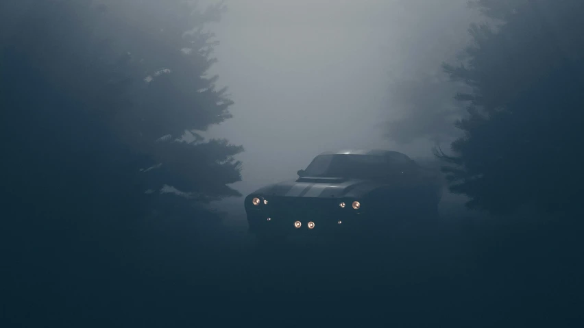 a dark foggy driving through the forest at night