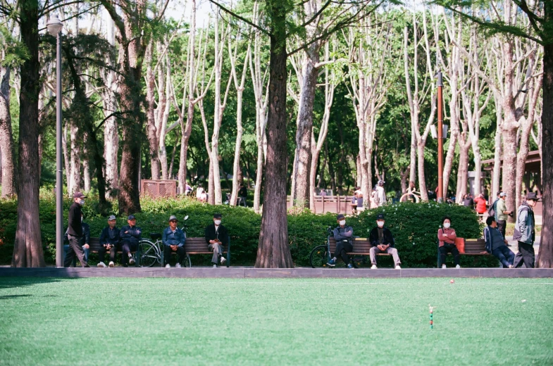 group of people sitting on a bench in front of trees