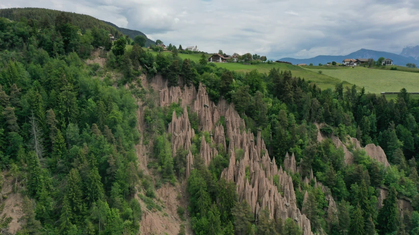 a cliff with lots of trees and houses on the top