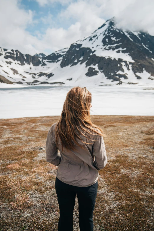 a person in a field near snow covered mountains