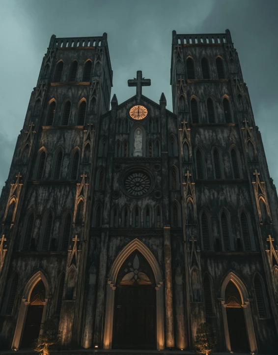 a very tall gothic cathedral with lights on