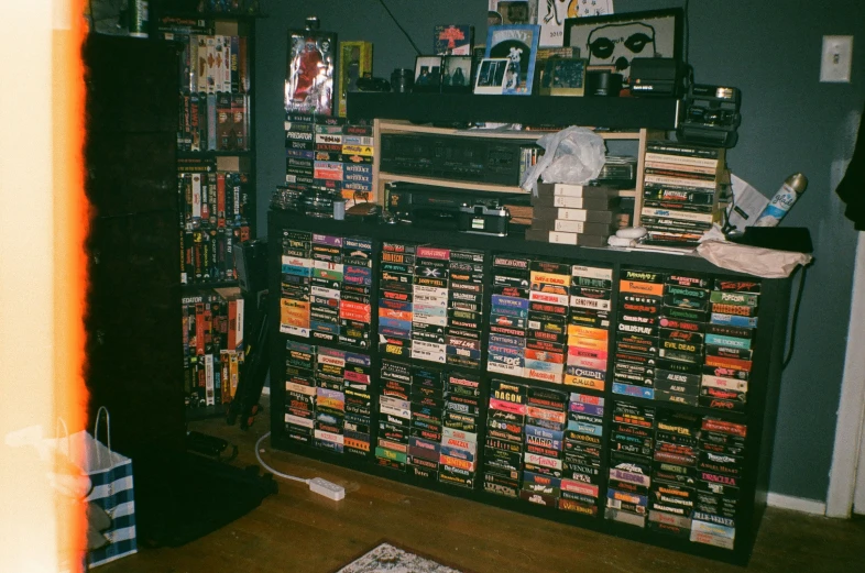 a very wide array of dvds and media equipment on display