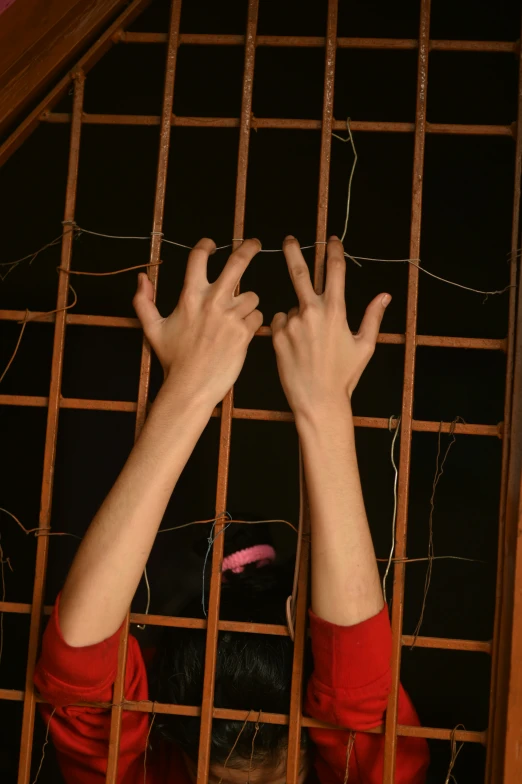 the hand is reaching over a metal screen to reach soing