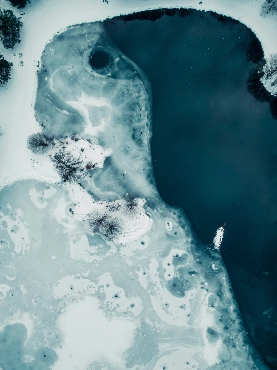 aerial pograph of a frozen lake with trees