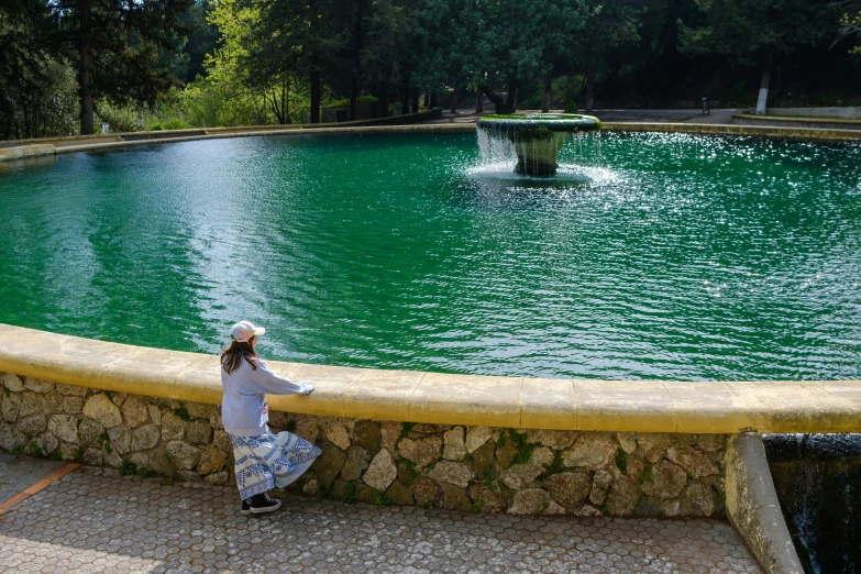 a lady leaning against a stone fence looking at a pond