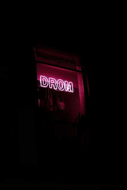 a neon sign hangs in the dark on the window
