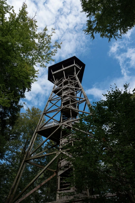 a high tower standing up through the woods