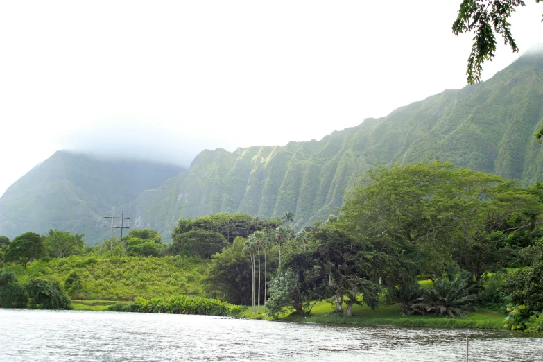 the mountain landscape has lush vegetation, mountains and water