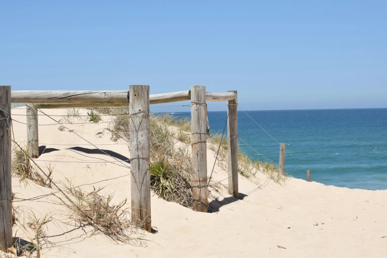 the gate to a beach has a bird on it