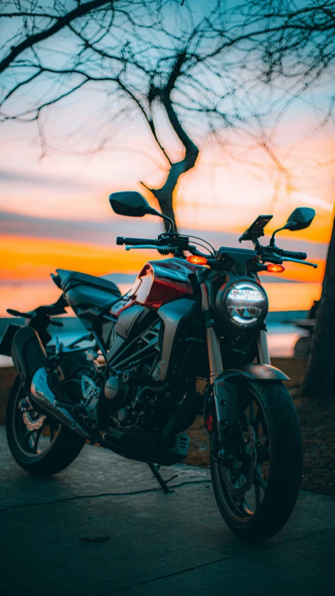 the motorcycle is parked outside by a tree