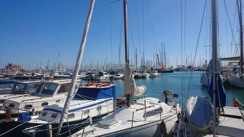 the boats are all lined up in the water