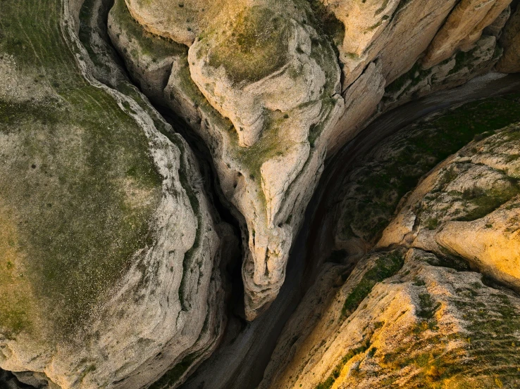 a very high view of some rocks with some moss growing