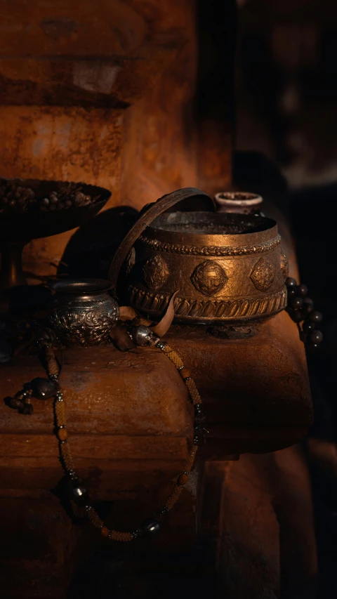 a collection of antique items sit on display