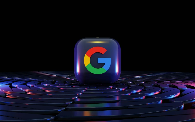 the google logo is placed on top of a giant computer processor