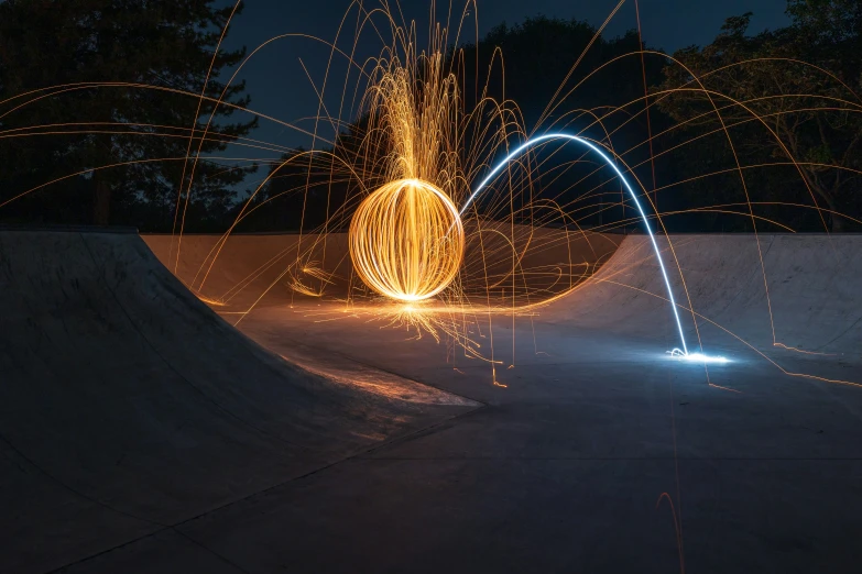 sparkler lights from a ball set into the air on a dark night