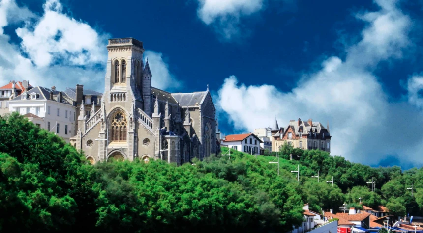 a cathedral surrounded by a lush green forest