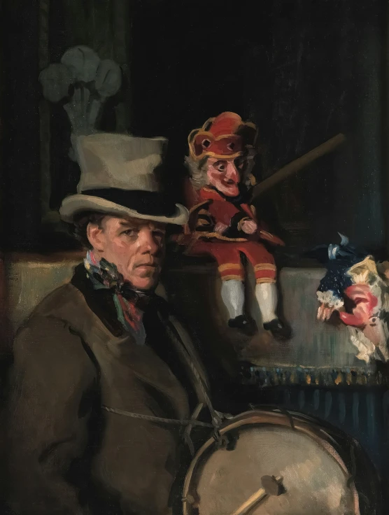 a painting of an old man with a drummer