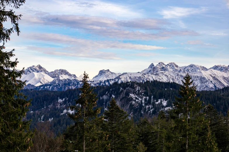 trees and mountains surrounded by snow with the sky