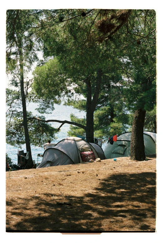 a group of tents sitting under trees next to a lake