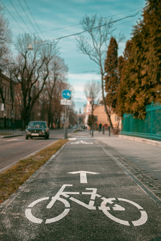 a street with a bicycle sign painted on the curb