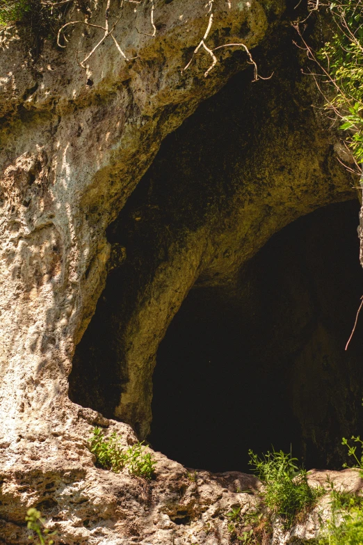 a person in red is standing near a cave