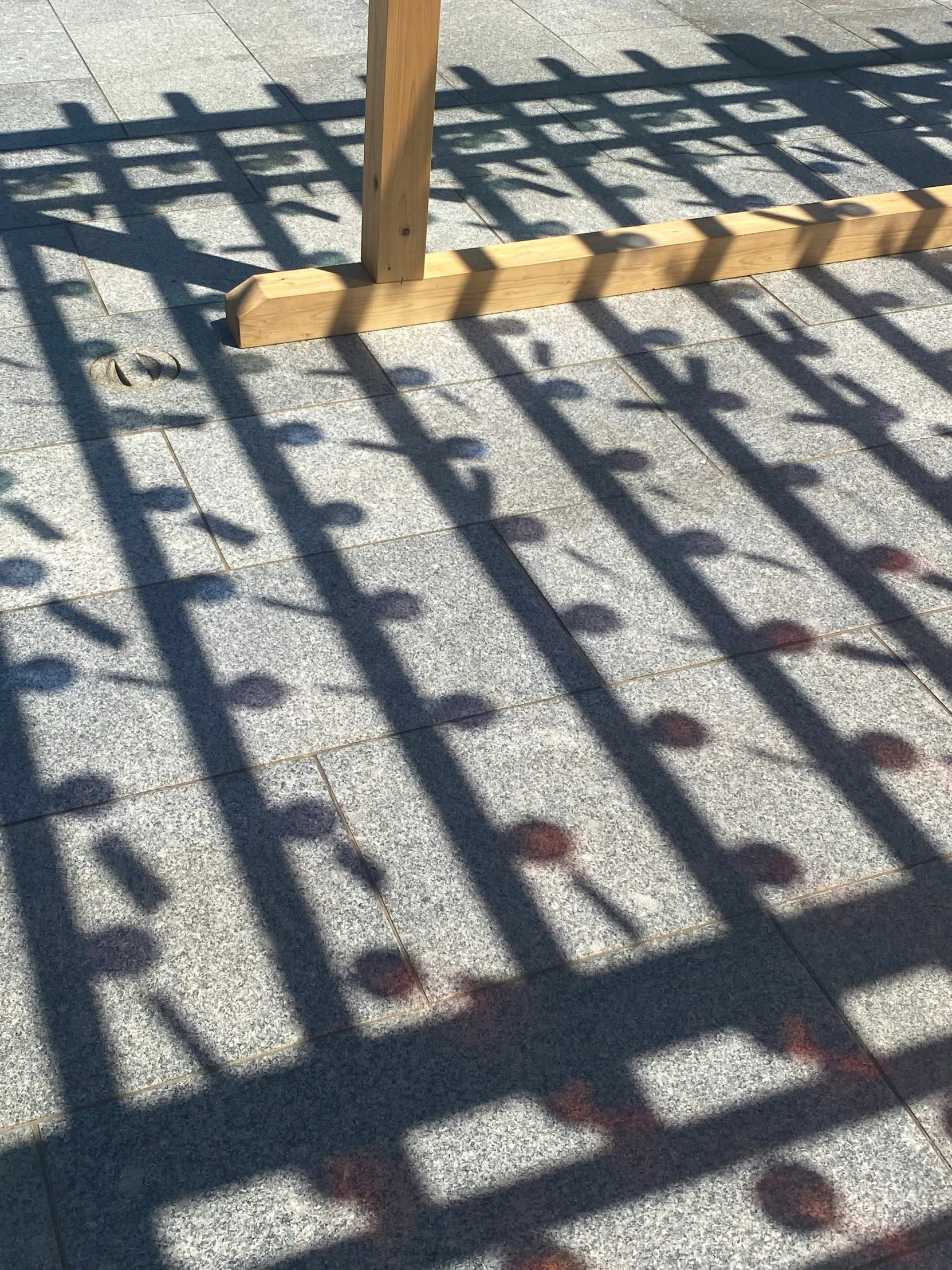 the shadows of bars and people on the sidewalk