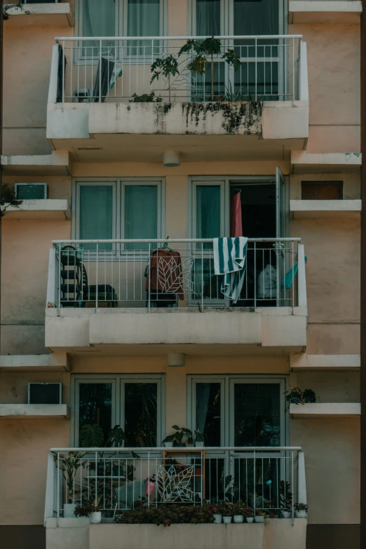 a balcony with a plant and a set of chairs