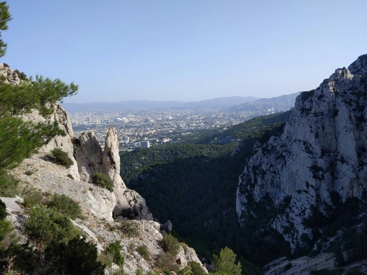 a man sits at the top of a hill overlooking the city below