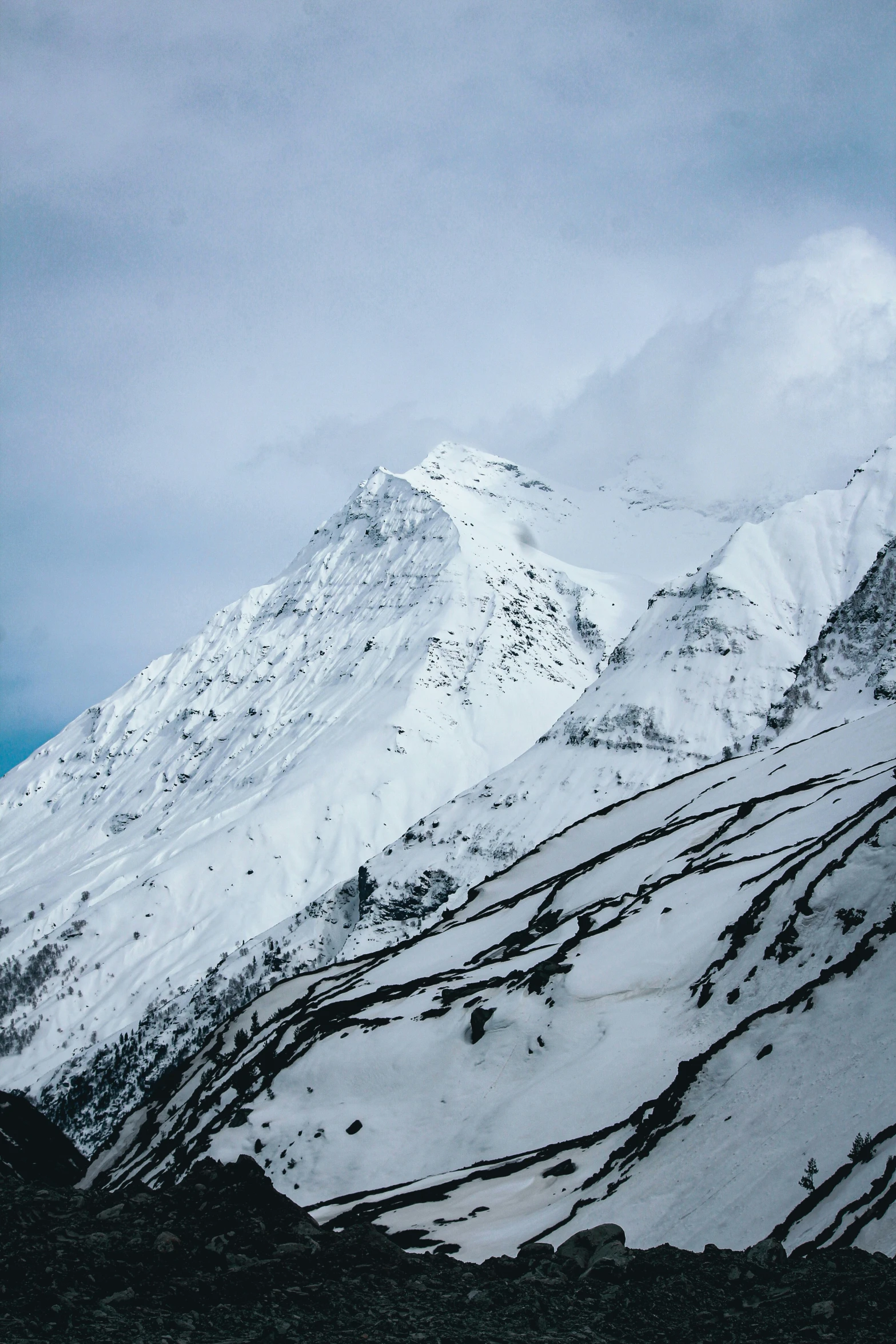 a snowy mountain and snow covered hills with trees