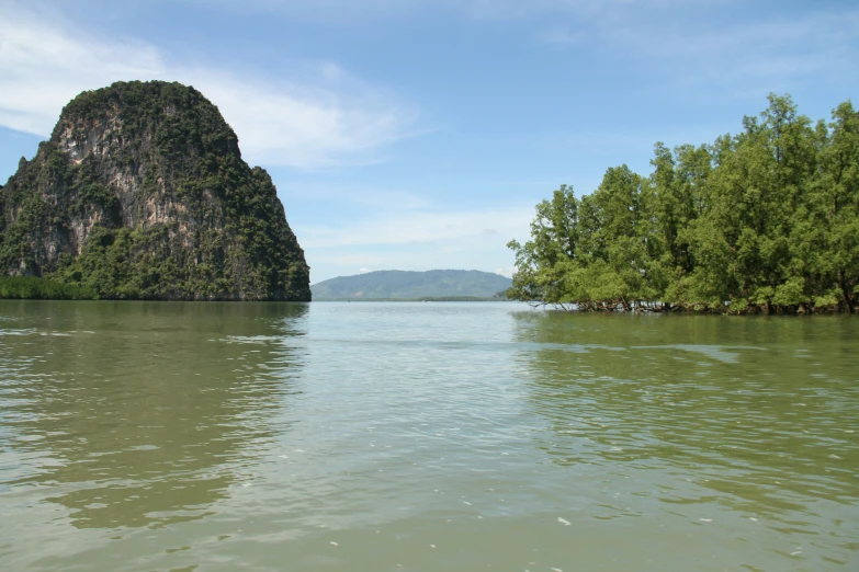 a lake with green trees and mountains in the distance