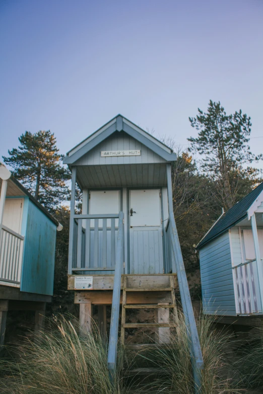 a row of beach huts next to a forest