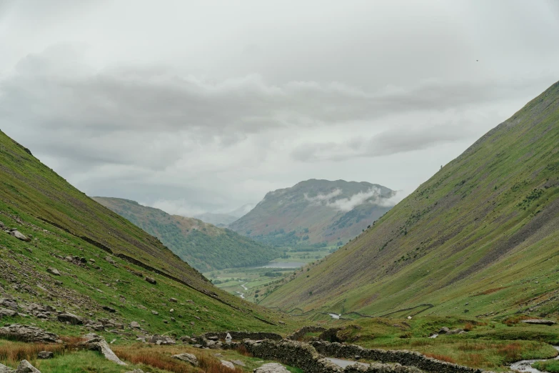 a grassy valley with mountains in the background