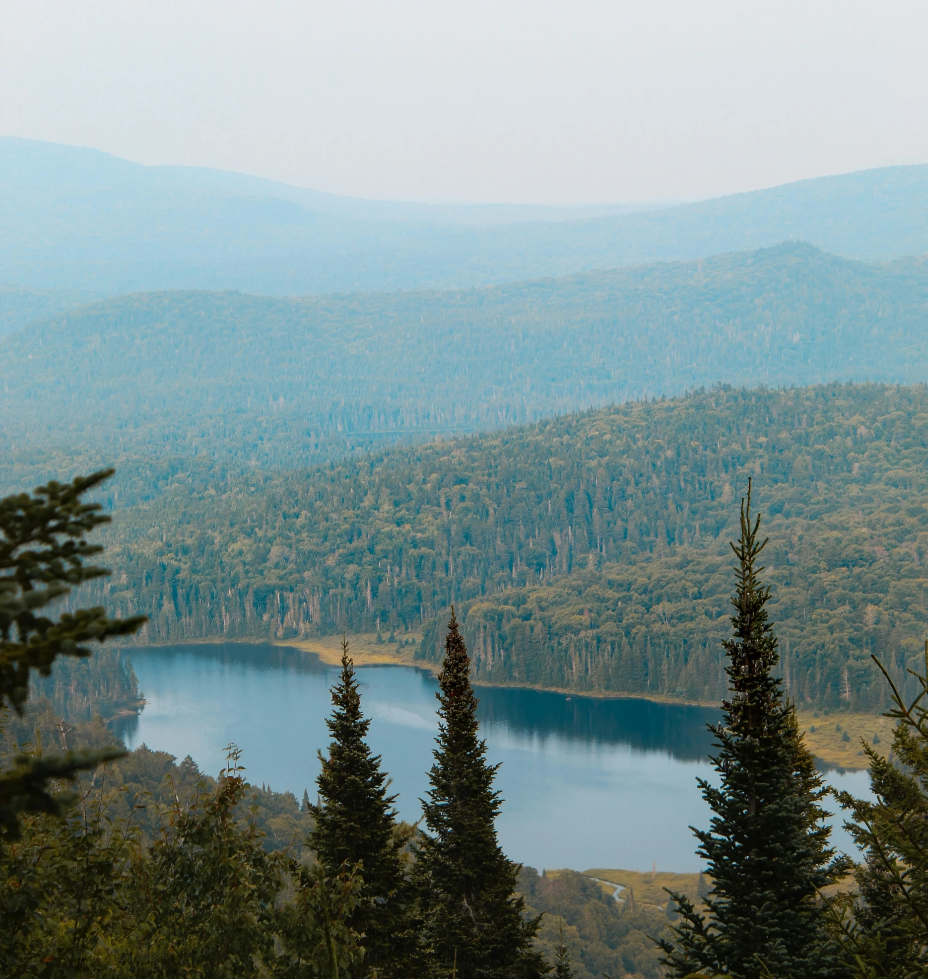 a lake is surrounded by mountains and green trees