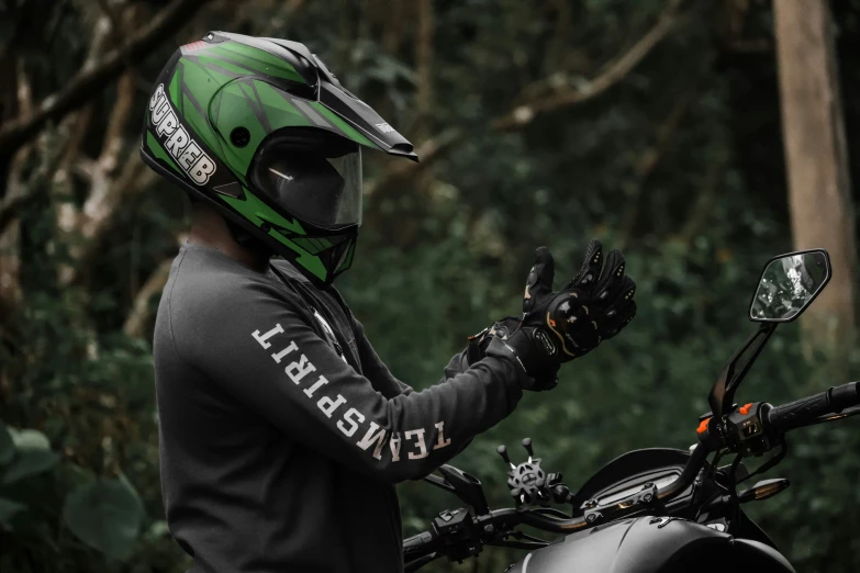 the rider is wearing the gloves and gloved hands