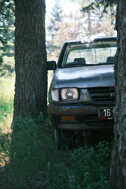 a dirty car is parked in the trees