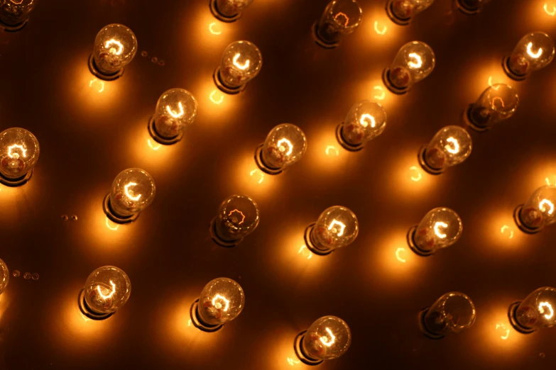 close up view of a group of lighted bulbs
