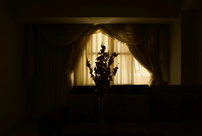 a view of a couch in front of a window with curtains