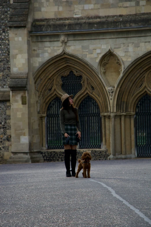 a woman and two dogs walking on the pavement